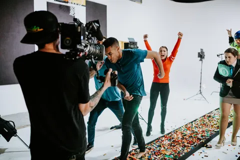 Filming the record attempt on a path of LEGO bricks