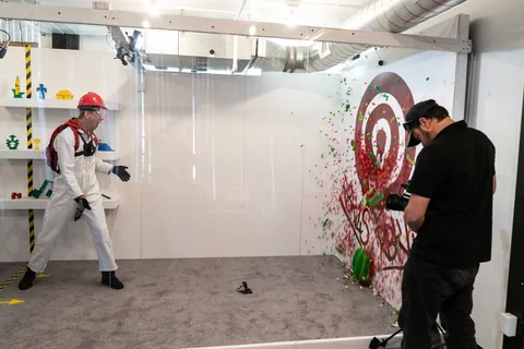 A host in a paint suit by a splattered target, a camera operator filming