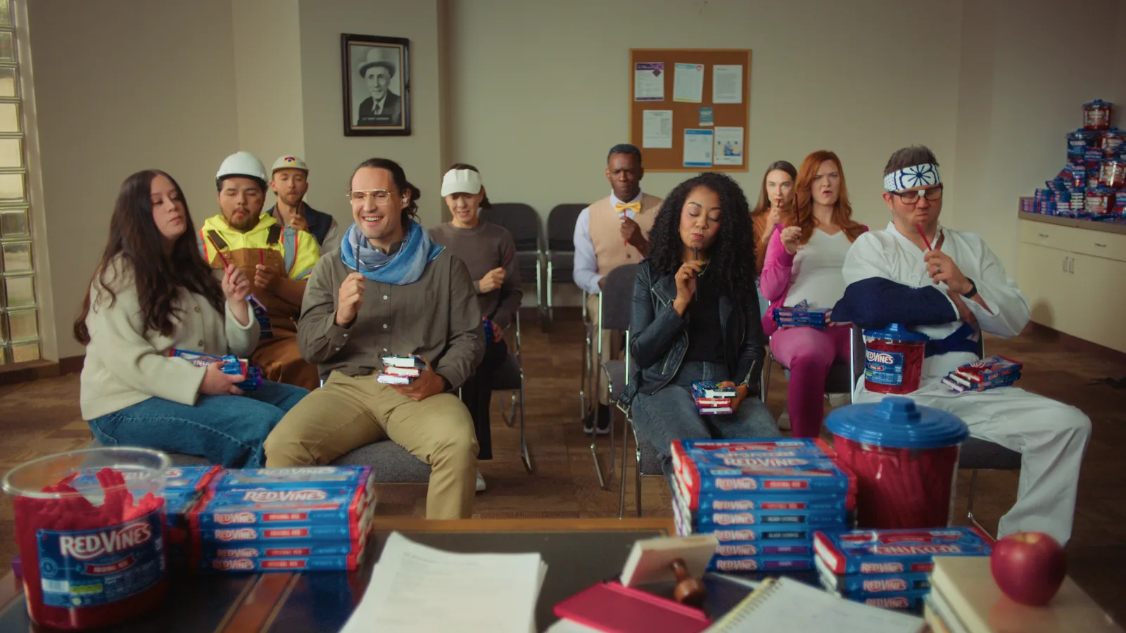 From our Red Vines 101 ad, on a TV: a classroom of grown-ups, each with a Red Vine